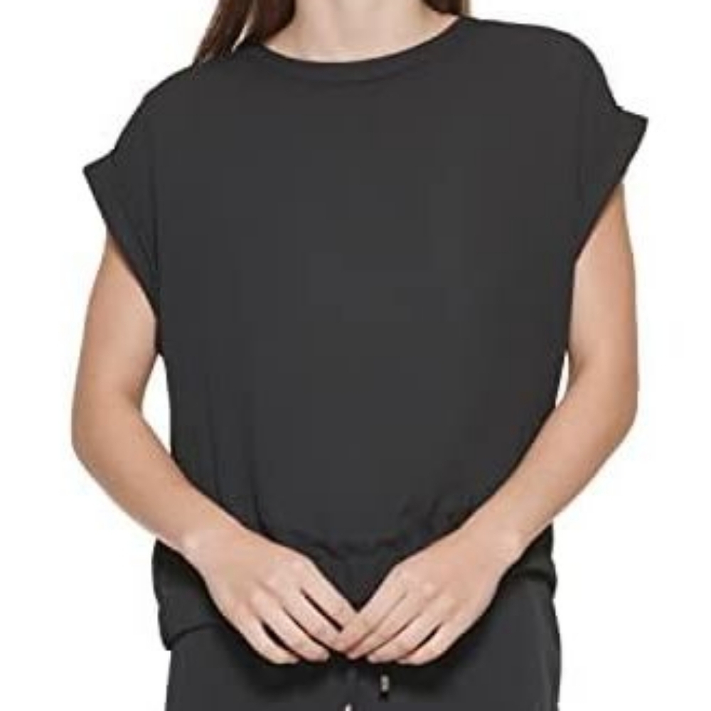 DKNY Black Short Sleeve Crewneck Blouson Top with Rolled Sleeves